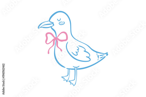 Cute handdrawn bird illustration with a pink bow, simple doodle style vector graphic