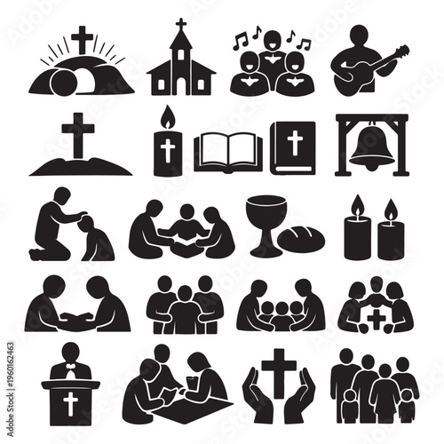 Billede på lærred Christian Church Icons and Worship Symbols Set Showing Cross, Bible, Prayer, Com