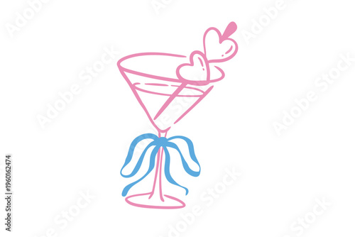 Hand drawn illustration of a martini glass with heart garnish and a blue ribbon