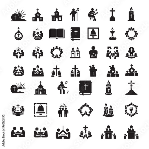 Church Ministry Icons Set, Christian Religion Worship Bible Prayer Community Silhouette Vector Collection