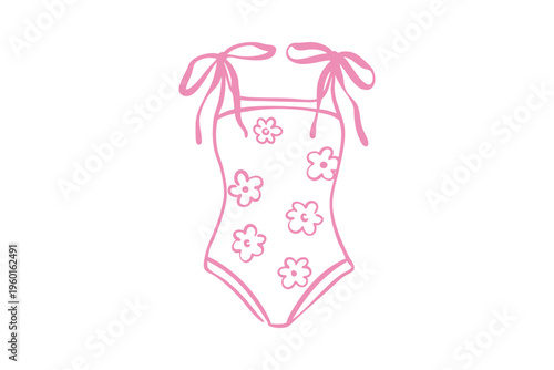 Cute pink onepiece swimsuit with floral pattern and tie shoulder straps