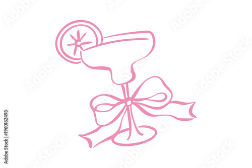 Pink line art illustration of a margarita cocktail glass with a lime slice garnish and a decorative bow
