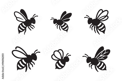 Set of flying bee silhouettes in various poses isolated on white, designed for nature, wildlife and organic product branding. 
