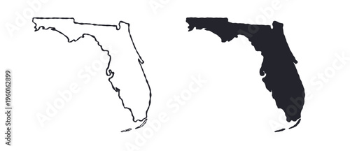 Florida USA state map silhouette and outline map. Vector shapes of us state, isolated on white. Perfect for infographics, geography design, education, and maps.