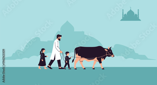 Family walking with cow, Indian rural scene, countryside landscape, vector illustration