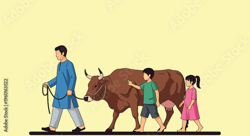 Vector illustration of family walking cow, rural scene, farm animals, countryside lifestyle