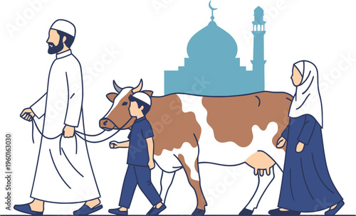 Eid al-Adha, Muslim family, cow, mosque, traditional clothing