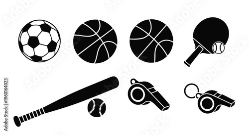 Vector illustration of set of sports equipment icons including balls, bat, and whistles