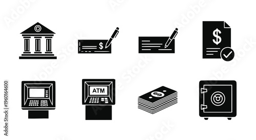 Vector illustration of set of banking and finance icons representing money, bank, and transactions