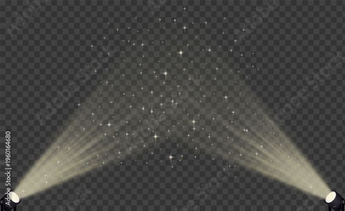 Isolated light, floor spotlight, glitter lighting, theater stage lighting, concert hall lighting on a transparent background. Vector illustration.