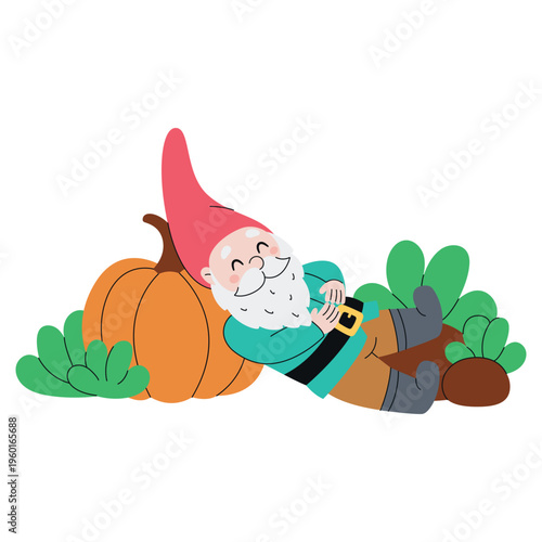 Funny cartoon garden gnome sleeping on a pumpkin. Hand-drawn. Vector illustration, isolated on a white background.