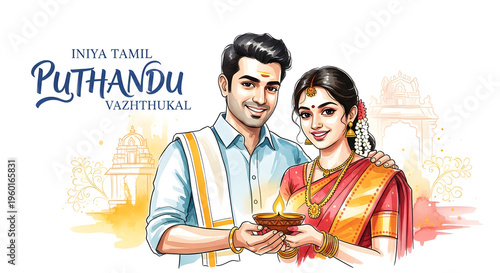 Iniya Tamil Puthandu Vazthukal Greeting Card Young Couple Traditional Attire Namaste Pose Watercolor Mandala Background Portrait Illustration