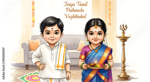 Iniya Tamil Puthandu Vazthukal Children Character Boy Girl Traditional Dress Oil Lamp Oil Rangoli Home Interior Illustration