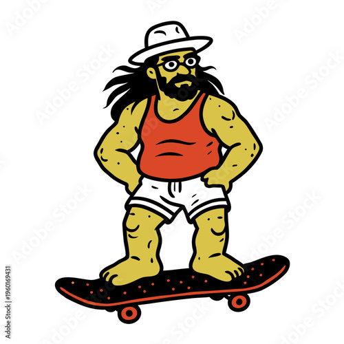 Skateboarding man with long hair and sunglasses rides a board under a sunny sky in a fun and casual setting