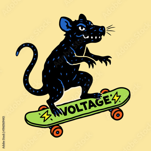 Rat rides skateboard with the word voltage in a cartoon style on a bright background