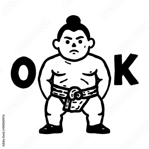 Sumo wrestler standing with letters O and K around him during a sports event in Japan