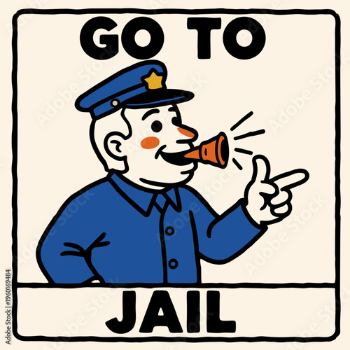 Police officer instructs players to go to jail in a board game scenario during a fun family game night at home