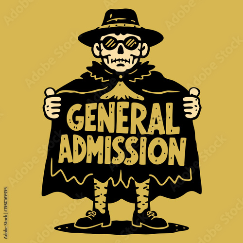 Graphic of a character holding a sign for general admission at a festival or event showing bold text and a distinctive outfit
