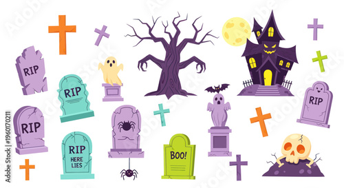 Halloween graveyard elements: haunted house, spooky tree, tombstones, ghosts, skull, bat