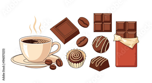 Hot coffee cup with chocolate bars, beans, and truffles on white background
