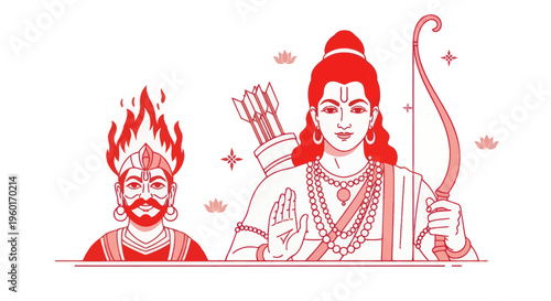 Lord Rama with Bow and Arrow and Fiery Demon, Hindu Mythology Illustration