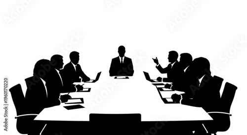 Silhouette of business people in a boardroom meeting, discussing strategy around a large table with laptops and papers.