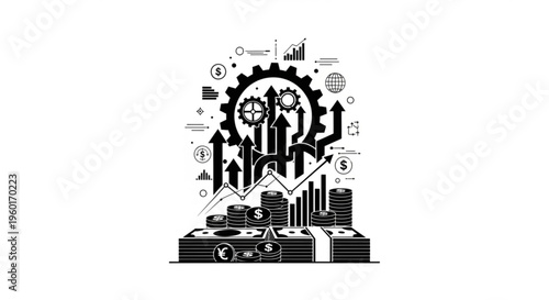 Vector illustration of financial growth and economic progress with stacks of money, coins, gears, and upward trending charts.