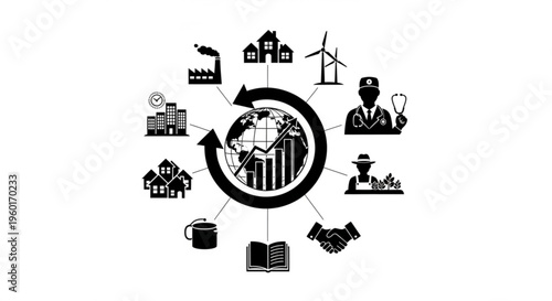 Circular diagram showing global interconnectedness of various industries and services, including healthcare, agriculture, and industry.