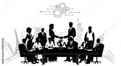 Global business meeting with diverse team shaking hands over a world globe, symbolizing international cooperation and success.