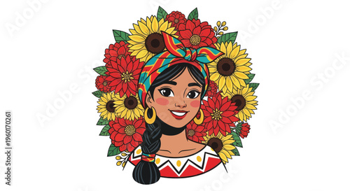 Smiling Latina Woman with Flowers Headband, Braids, and Traditional Outfit