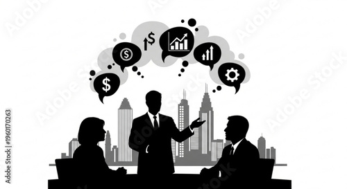 Business meeting silhouette with a leader presenting ideas about finance, growth, and strategy in a city skyline background.