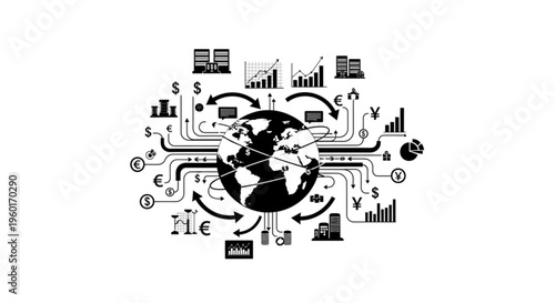 Global business and finance network connecting markets, currencies, and corporate growth with charts and buildings.