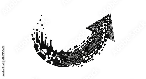 Digital transformation and economic growth concept with an upward arrow formed by city skyline, circuit board, and binary code.