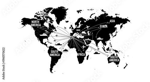 Global logistics network illustration showing international shipping routes connecting continents with ships, planes, and trucks.
