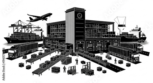 Busy international shipping and logistics hub with cargo ships, airplanes, trucks, and a warehouse with conveyor belts.