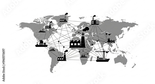 Global industrial supply chain network illustration featuring interconnected factories, cargo ships, and cranes on a world map, symbolizing international trade and manufacturing logistics.