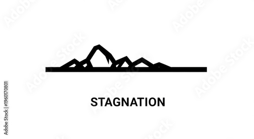 Stylized black and white mountain range silhouette with the word stagnation below, representing a plateau or lack of progress.