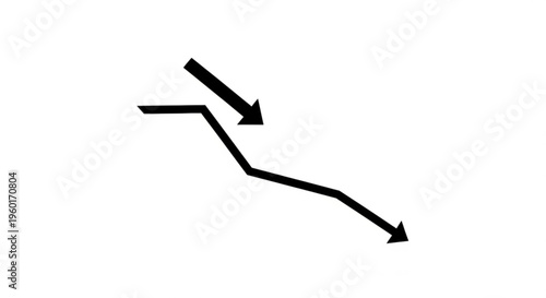 Simple black and white vector graphic depicting a downward trend line with an arrow, symbolizing decline, decrease, loss, negative performance, and economic recession or market downturn.