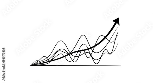 Dynamic black upward-trending line with multiple fluctuating wavy lines beneath, symbolizing market growth, economic recovery, and progress amidst volatility on a white background.