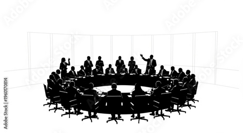 Silhouette of a diverse group of people in a business meeting around a large round table, discussing strategies and ideas.