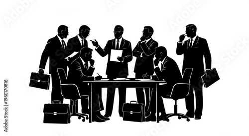 Silhouettes of professional businessmen actively engaged in a corporate meeting, discussing strategies, reviewing documents, and making key decisions, symbolizing teamwork and collaboration.