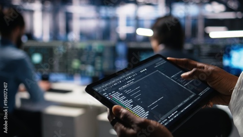 Foto Close up of data center software developer using tablet to review code for automation scripts