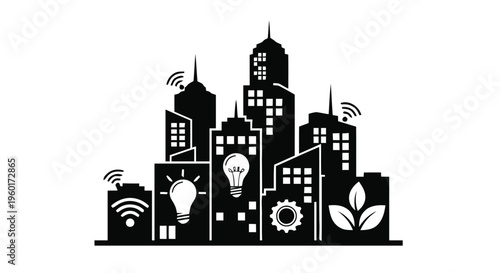 Vector illustration of smart city concept with buildings, technology, and ecofriendly symbols