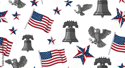 American Patriotic Symbols Seamless Pattern: Flag, Eagle, Liberty Bell, Stars