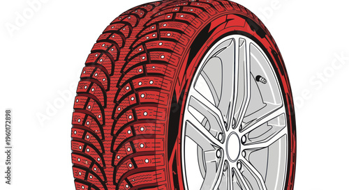 Winter Tire with Studs and Red Sidewall on Alloy Wheel, Isolated