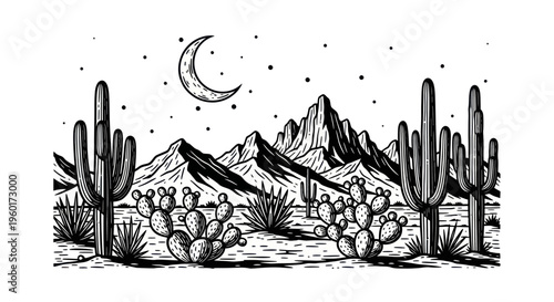 Desert Night Landscape with Moon, Mountains, and Cacti - Black and White Illustration
