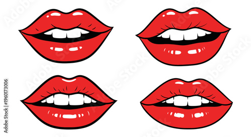 Four Red Glossy Lips with White Teeth, Pop Art Style