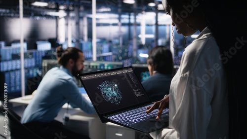 Fotografi Close up of data center technician using tablet to monitor neural network AI LLM visualization