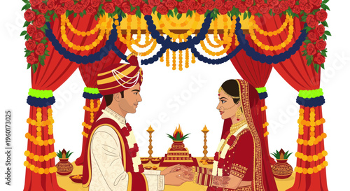Indian Wedding Ceremony Bride Groom Traditional Attire Decor Festive Celebration