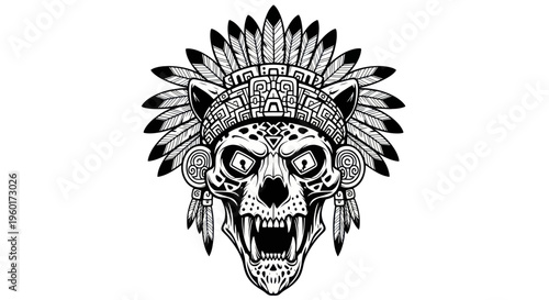 Jaguar Warrior Skull with Feather Headdress - Aztec Tribal Art